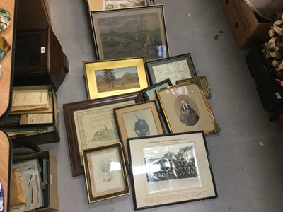 Lot 510 - One box of mixed pictures to include 1930's needlework sampler, military photographs and others.