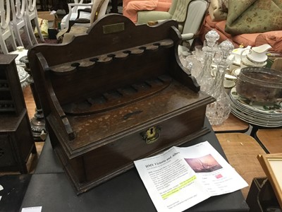 Lot 414 - Royal Interest - Oak pipe rack with draw below and applied brass plaque 'This is made of timber which was used in the construction of her late Majesty Queen Victoria's Yacht 'Osborne'.
