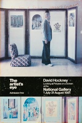 Lot 1197 - *David Hockney, (b. 1937) The Artist's Eye, National Gallery, 1981, poster, signed and inscribed in orange crayon 'For Tony and Susie, David Hockney', mounted on card, 76 x 50cm