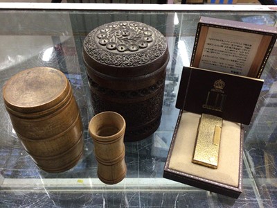 Lot 355 - Vintage Dunhill gold plated bark effect lighter in original box with booklet, together with a Burmese carved wood tobacco pot and two others