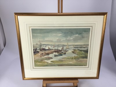 Lot 2 - Albert Ribbans (1903-1966) watercolour - Yachts and Dinghies on a tidal river’, signed and dated 1965, 37cm x 28cm mounted in glazed frame (57cm x 48cm overall)