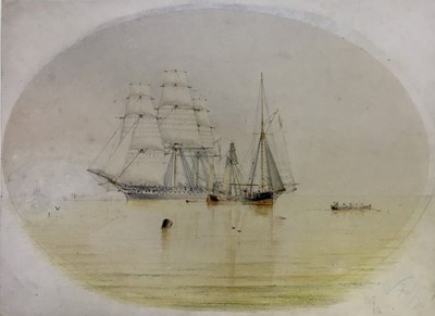 Lot 210 - William Frederick Settle (1821-1897), pair of watercolours, marine scenes, oval, 27cm x 38cm, unframed