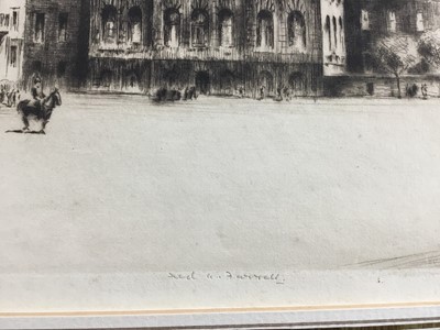 Lot 33 - Frederick A Farrell (1882-1935) signed etching, Horseguards, 27cm x 37cm together with another etching of Westminster Palace, 23cm x 30cm, both unframed (2)