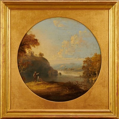 Lot 1112 - Manner of Richard Wilson (1731-1782), oil on tondo canvas circa 1800 of an extensive landscape 
with figures by castle ruins, in gilt frame. Diam. 38cm.