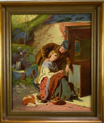 Lot 1131 - William Henry Midwood (act. 1867-1871) oil on canvas, a rustic couple and their dog sat by a cottage door, signed, in gilt frame. 60 x 50cm.