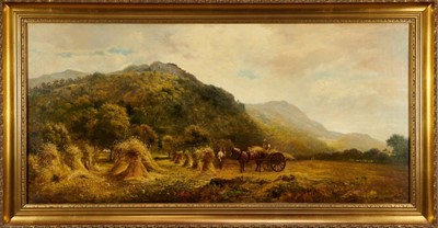 Lot 1106 - English School mid 19th century, oil on canvas, an extensive hay making scene with a horse drawn cart, mountains beyond, indistinctly signed, 
in gilt frame. 59 x 126cm.