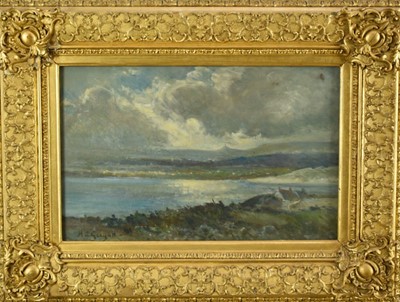 Lot 1108 - Henry Coulton Guyatt 1857 - 1939, oil on canvas, "From the Knill Monument, St Ives", signed, in ornate gilt frame. Exhibition label verso. 
28 x 45cm.