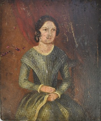 Lot 1133 - American School early 19th century, oil on metal, a naive portrait of a lady, unframed.  
16 x 13cm.