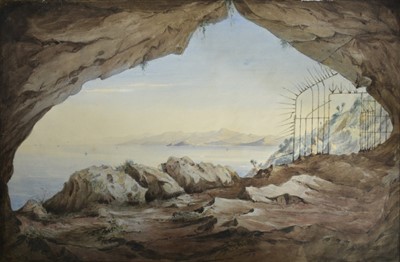 Lot 1132 - English School 1839, watercolours, The entrance to Martins Cave, Gibraltar, signed and dated 29th July 1839, also monogrammed 
verso, unframed. 36 x 53cm.