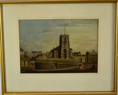 Lot 1114 - Mrs E. Worrell (act. 1870s), oil on canvas board, A view of Bolton Old Parish Church, signed, in gilt frame. 25 x 35cm