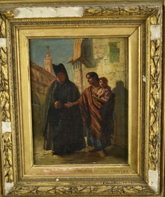 Lot 1110 - John Phillip R.A. (1817-1867), oil on canvas, "Charity", a woman begging from a merchant, laid on panel, in gilt frame. 24 x 19cm.