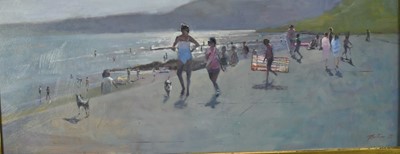 Lot 1130 - Peter Z. Phillips, oil on canvas, a sunny day at the beach, signed and dated '22, in ornate gilt frame. 32 x 80cm.