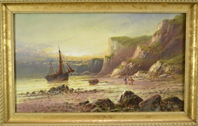 Lot 1115 - Frank Hider (1861-1933) oil on canvas, a coastal scene with a fishing boat and figures near cliffs, signed, in gilt frame. 29 x 49cm.