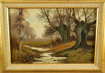 Lot 1113 - Mark Fisher (1841-1923) oil on canvas, near Windsor Forest, inscribed and dated 1894 verso, in gilt frame. 19 x 29cm.