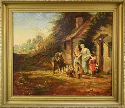 Lot 1111 - Manner of George Morland, an early 19th century, oil on canvas, of a peddler showing his wares to a family at a cottage door, in gilt frame. 
67 x 80cm.