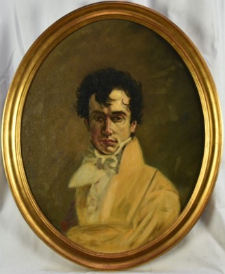 Lot 1129 - English School early 20th century, oil on canvas, a half length portrait of a young gentleman, overlaid on panel, in gilt frame. 49 x 39cm.