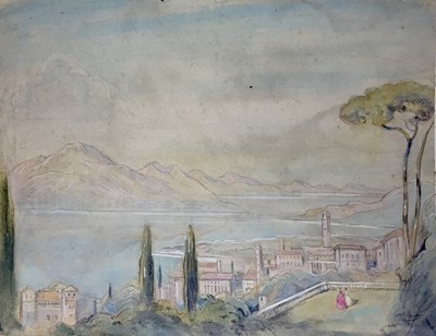 Lot 214 - Joseph Alfred Terry (1872-1939), watercolour- Continental vista, 30cm x 39cm, mounted on card, Christie's Studio Sale stamp verso dated July 3rd 1986