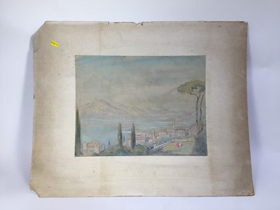 Lot 214 - Joseph Alfred Terry (1872-1939), watercolour- Continental vista, 30cm x 39cm, mounted on card, Christie's Studio Sale stamp verso dated July 3rd 1986