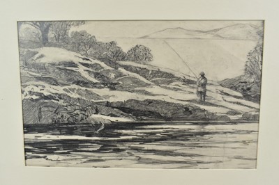 Lot 146 - Henry Wilkinson (1921-2011) pencil sketch - Landing a Salmon, 18.5cm x 29.5cm, mounted