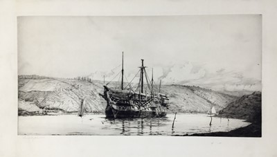 Lot 7 - Four various marine prints, Harold Wyllie 'The Hulk Implaceable' 1800, signed, 24cm x 48cm, G. Hunt after J. Moore 'The Conflagration of Dalla on the Rangoon River', pub London1826