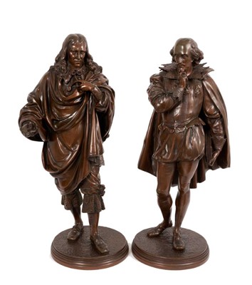 Lot 787 - John Jules B. Salmson (1823-1902): Substantial pair of bronze figures of Shakespeare and Rousseau, signed to the naturalistic circular plinth base, 53cm high