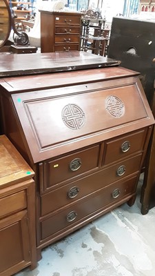 Lot 1034 - Oriental hardwood bureau with fitted interior, two short and two long drawers below, 91cm wide, 42cm deep, 93.5cm high