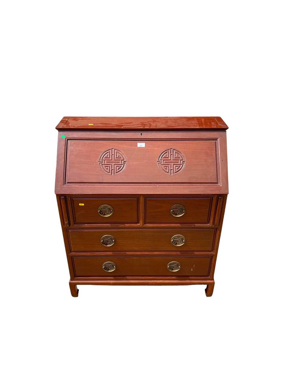 Lot 67 - Oriental hardwood bureau with fitted interior, two short and two long drawers below, 91cm wide, 42cm deep, 93.5cm high
