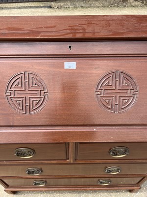 Lot 67 - Oriental hardwood bureau with fitted interior, two short and two long drawers below, 91cm wide, 42cm deep, 93.5cm high