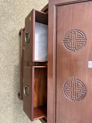 Lot 67 - Oriental hardwood bureau with fitted interior, two short and two long drawers below, 91cm wide, 42cm deep, 93.5cm high