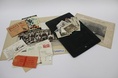 Lot 1403 - Two boxes of mixed ephemera including large mounted photographs of school sport teams, other photographs loose and in album, travel....