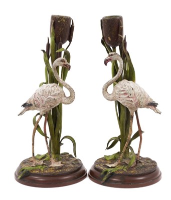 Lot 805 - Pair of Austrian cold painted bronze candlesticks