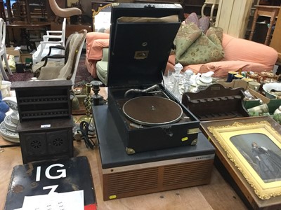 Lot 413 - 1930s HMV portable wind up gramophone together with a vintage Ferguson Solid State record player with built-in speakers (2)