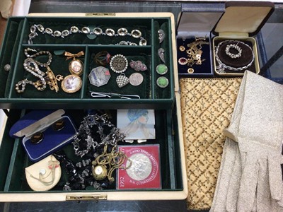 Lot 821 - Jewellery box containing Victorian glazed locket, marcasite earrings and brooch, yellow stone necklace, other costume jewellery and bijouterie