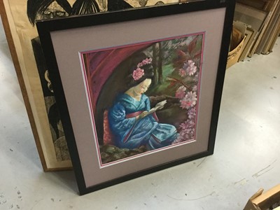 Lot 427 - Pastel study of a seated Gaisha girl reading amongst flowers, unsigned, framed and glazed