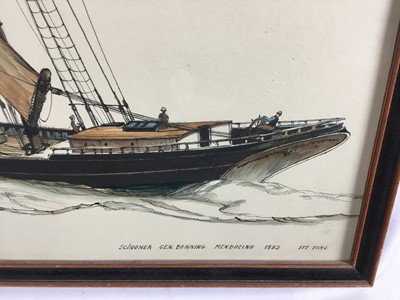 Lot 169 - James Archibald Mitchell: a limited edition coloured lithograph print ‘Schooner Gen.Banning Mendocino 1883 177 Tons’, framed and glazed