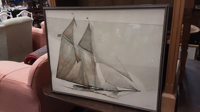 Lot 716 - James Archibald Mitchell: a limited edition coloured lithograph print ‘Yacht America as rigged in 1900’ (3) framed and glazed