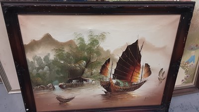 Lot 709 - Peter: Sampan boats in river, oil on canvas, framed