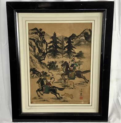 Lot 175 - Chinese painting on ricepaper, warriors on horseback, signed with character mark, 40x 30cm, framed and glazed