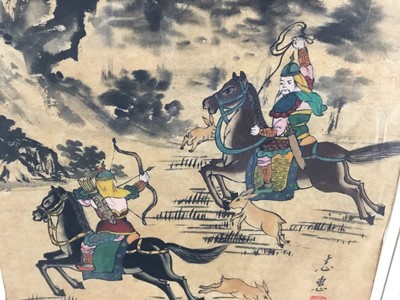 Lot 185 - Chinese painting on ricepaper, warriors on horseback, signed with character mark, 40x 30cm, framed and glazed