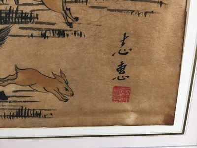 Lot 185 - Chinese painting on ricepaper, warriors on horseback, signed with character mark, 40x 30cm, framed and glazed