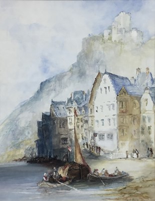Lot 201 - Charles Rowbotham (1856-1921) watercolour of a European lake scene with houses and castle, signed, 20cm x 16cm, framed and glazed