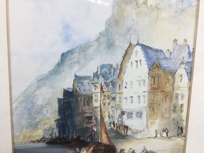 Lot 107 - Charles Rowbotham (1856-1921) watercolour of a European lake scene with houses and castle, signed, 20cm x 16cm, framed and glazed