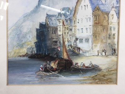 Lot 107 - Charles Rowbotham (1856-1921) watercolour of a European lake scene with houses and castle, signed, 20cm x 16cm, framed and glazed