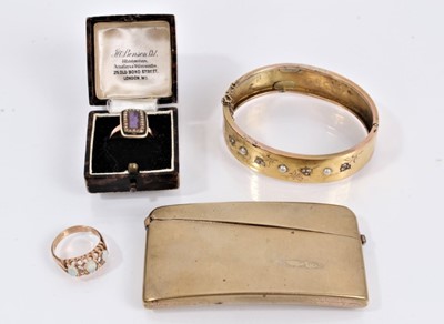 Lot 853 - Victorian yellow metal hinged bangle set with rose cut diamonds and seed pearls, yellow metal mourning ring, 9ct gold dress ring and an 18ct gold filled card case