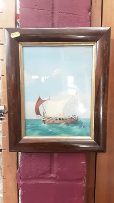 Lot 362 - 19th century naive oil on board, ship at sea, in rosewood frame