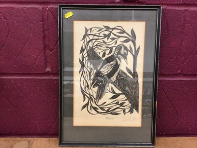 Lot 686 - Linocut on paper, woodpecker, Indistinctly signed William Her**