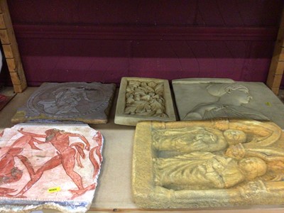 Lot 693 - Two plaster reproduction Greek style plaques, 3 carved relief reproduction wall plaques