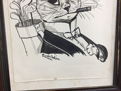Lot 105 - Manner of Louis Wain, pen and ink sketch on paper - a cat with golf clubs, 25cm x 17.5cm