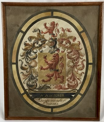 Lot 112 - Watercolour on paper, coat of arms of a European Town Hall, 33cm x 34cm in glazed frame