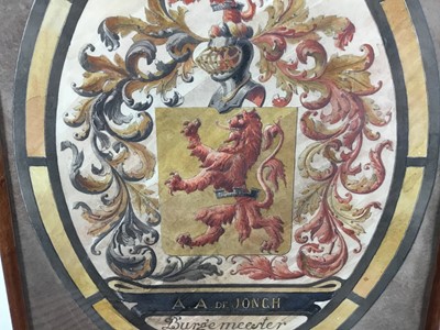 Lot 112 - Watercolour on paper, coat of arms of a European Town Hall, 33cm x 34cm in glazed frame